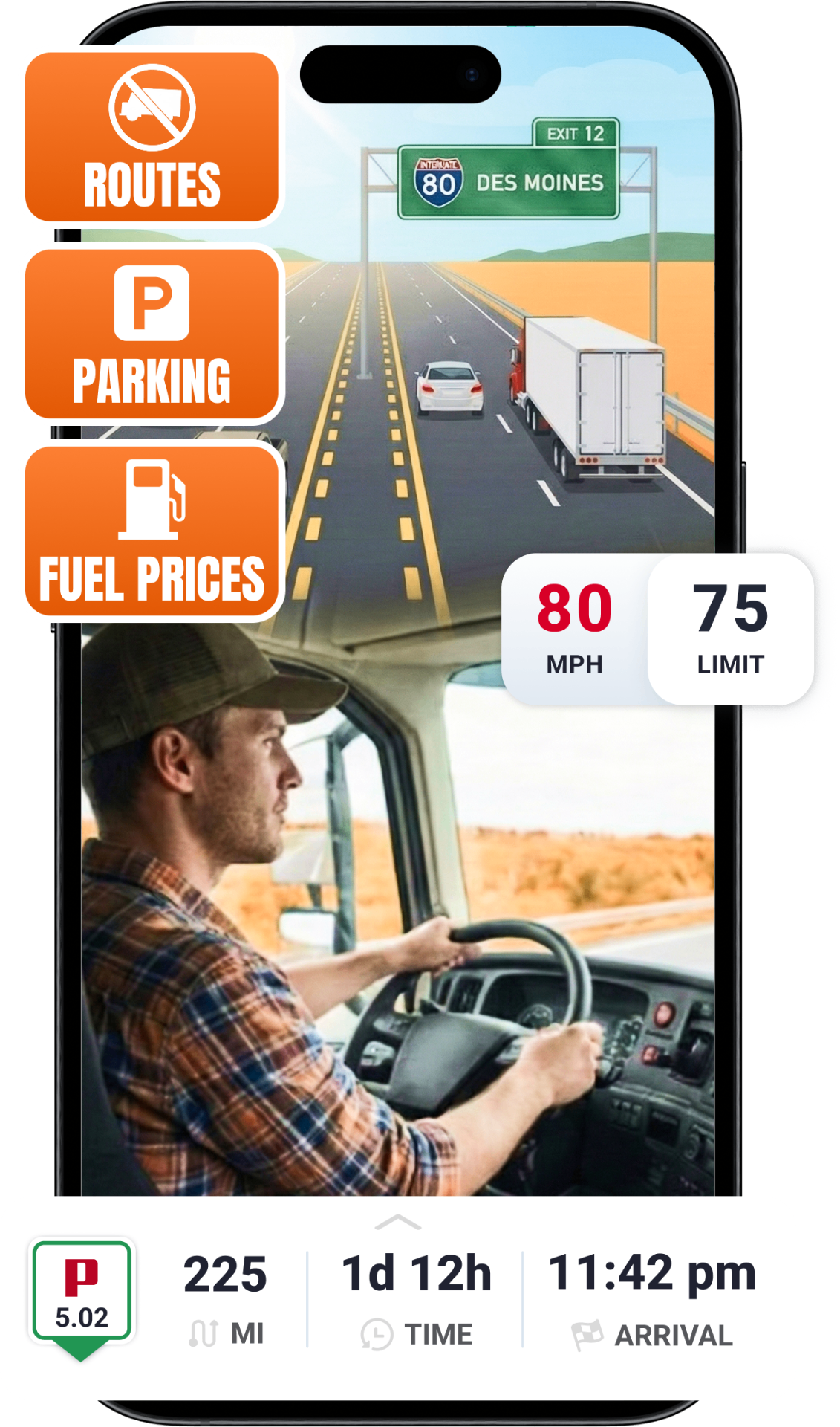 Trucker Guide app showing routes, parking and fuel prices