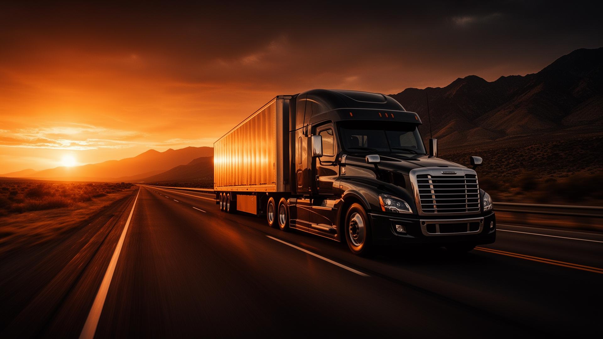 Semi-truck driving at sunset on open highway